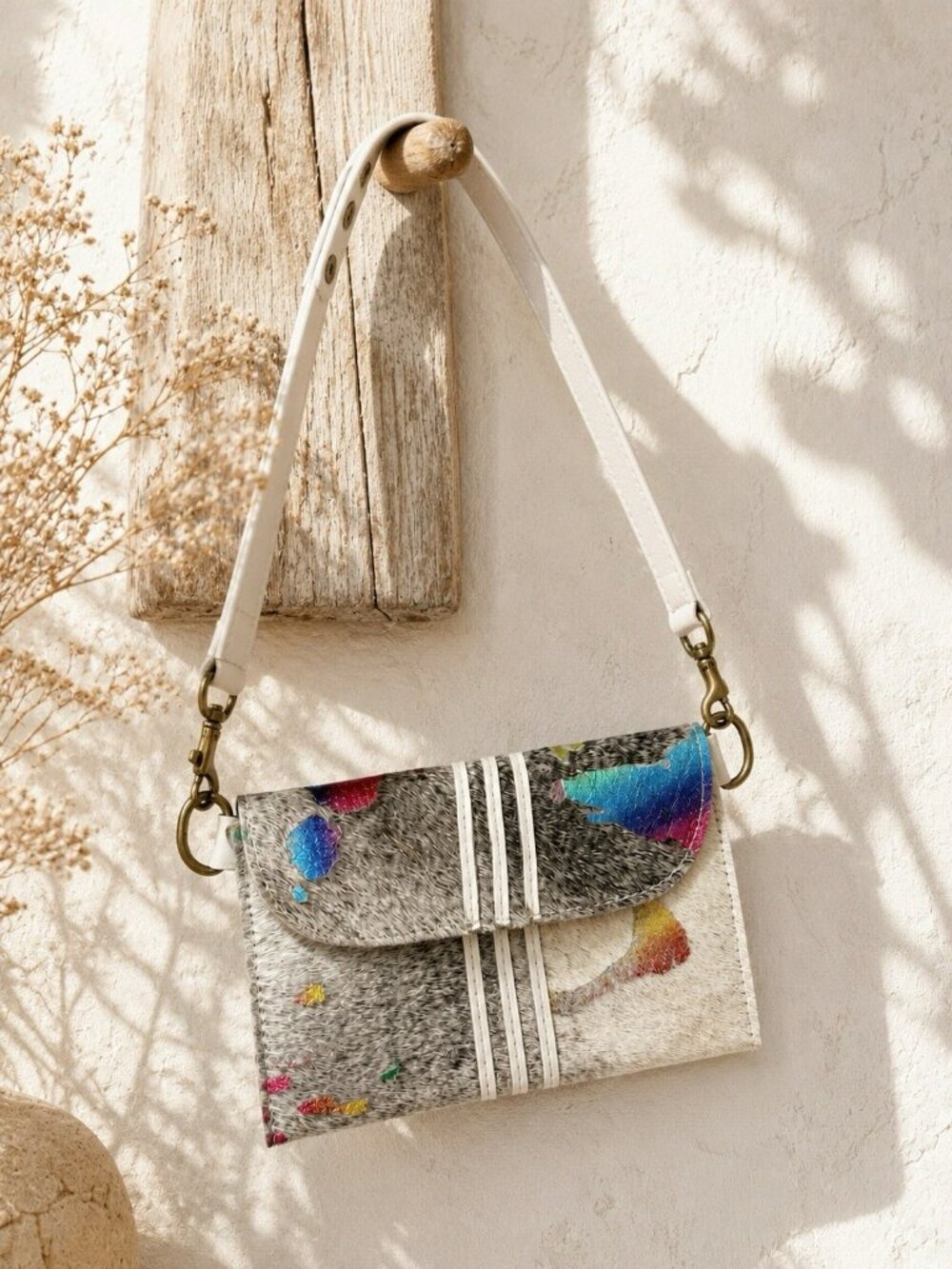Maya Moon Leather Hair-On Hide Belt Bag Clutch Rainbow Paint Artisan Bend OR